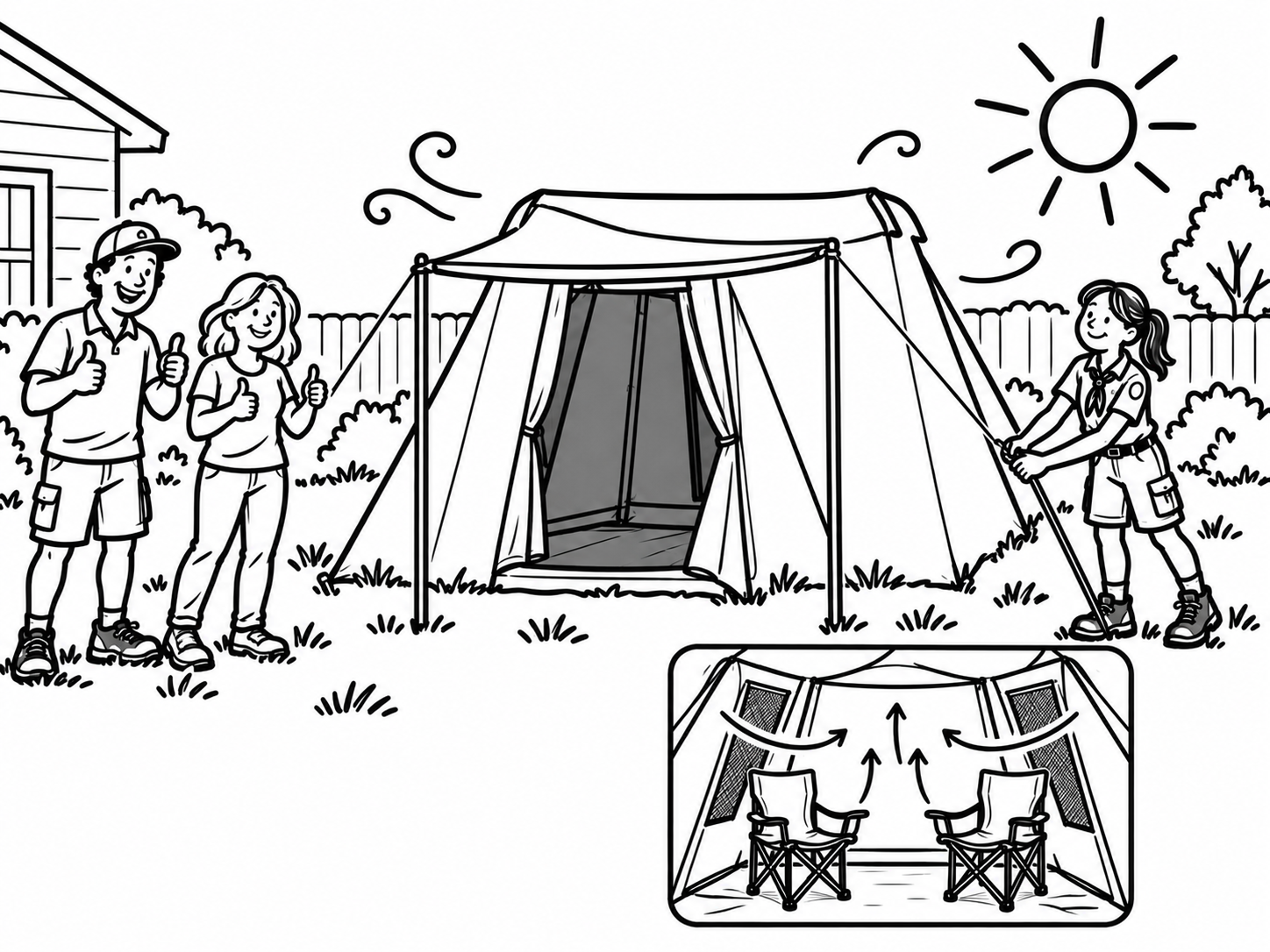 Marker cartoon of the tent pitched open in the sun to dry, with an inset showing two camp chairs inside for airflow.