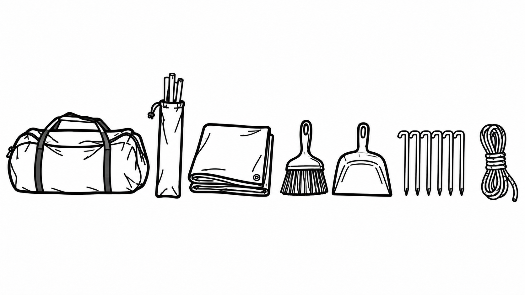 Marker cartoons in a row: tent bag, pole bag with poles, folded ground tarp, hand broom, dustpan, six stakes, and a coil of guy rope.