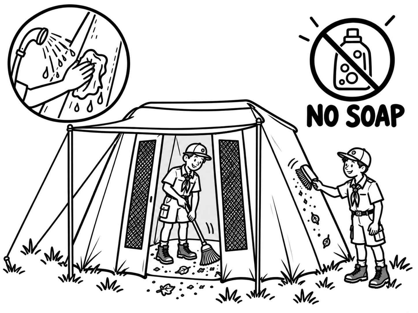 Marker cartoon of Scouts sweeping and brushing the tent, with a no-soap symbol and an inset of rinsing with water.