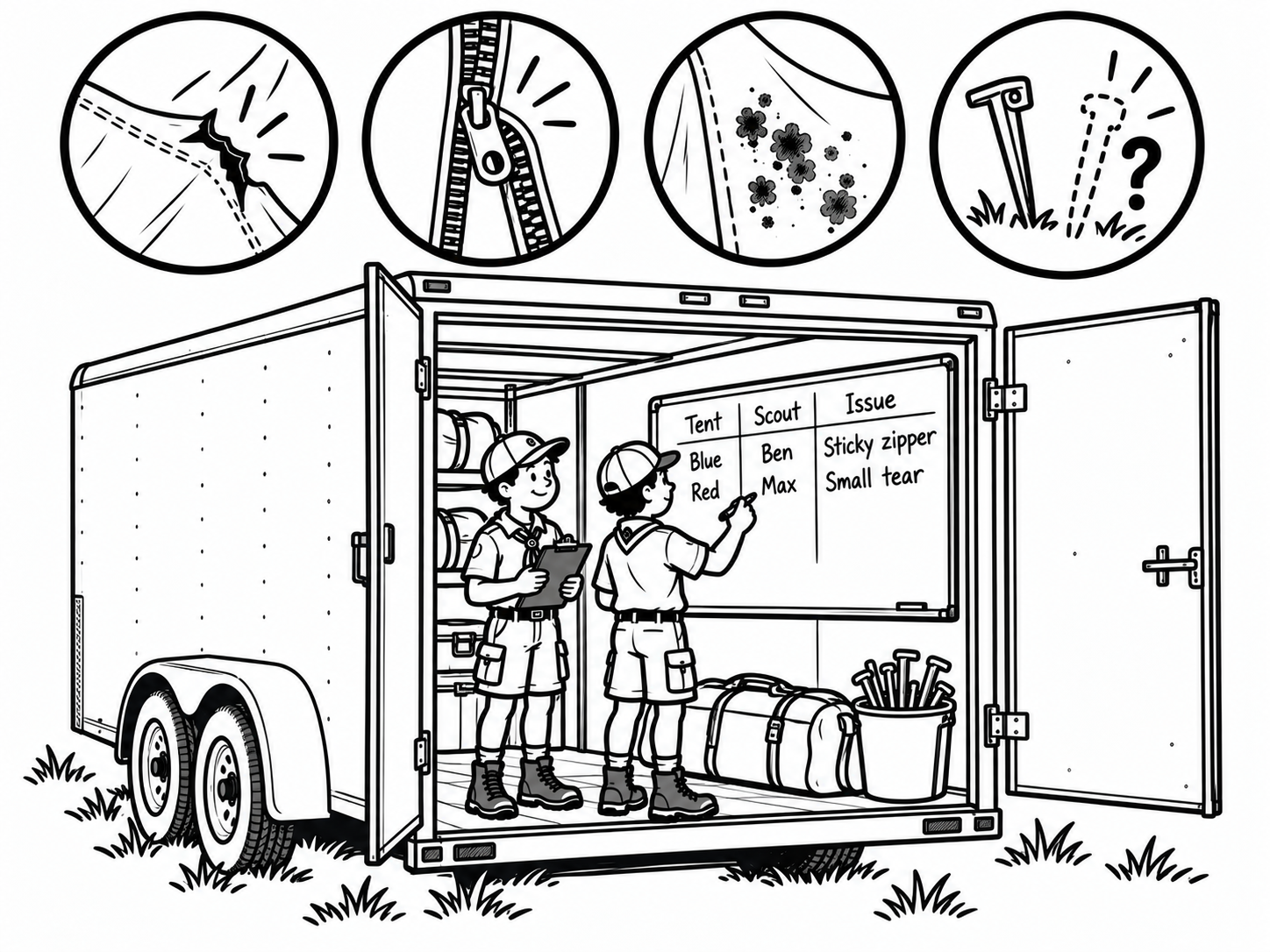 Marker cartoon of the open trailer with Scouts at the whiteboard, gear on the shelves and a stake bucket, and icons of a tear, a sticky zipper, mildew, and a missing stake across the top.