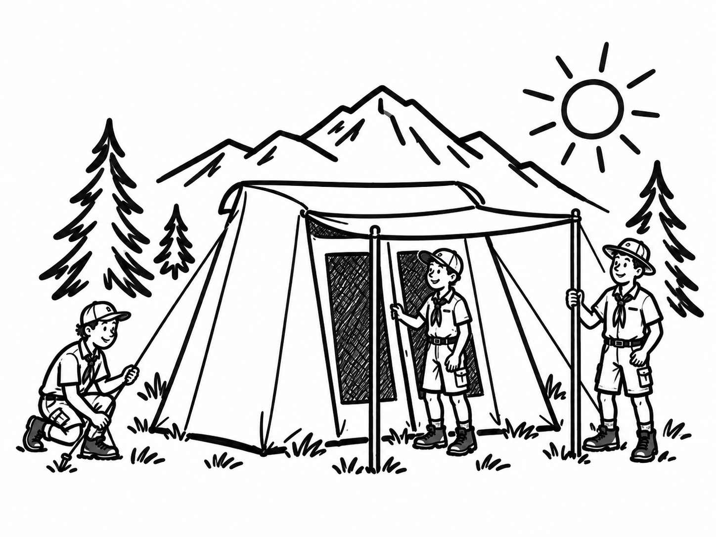 Marker cartoon of the troop's canvas tent with its awning and two Scouts, mountains and a sun behind.
