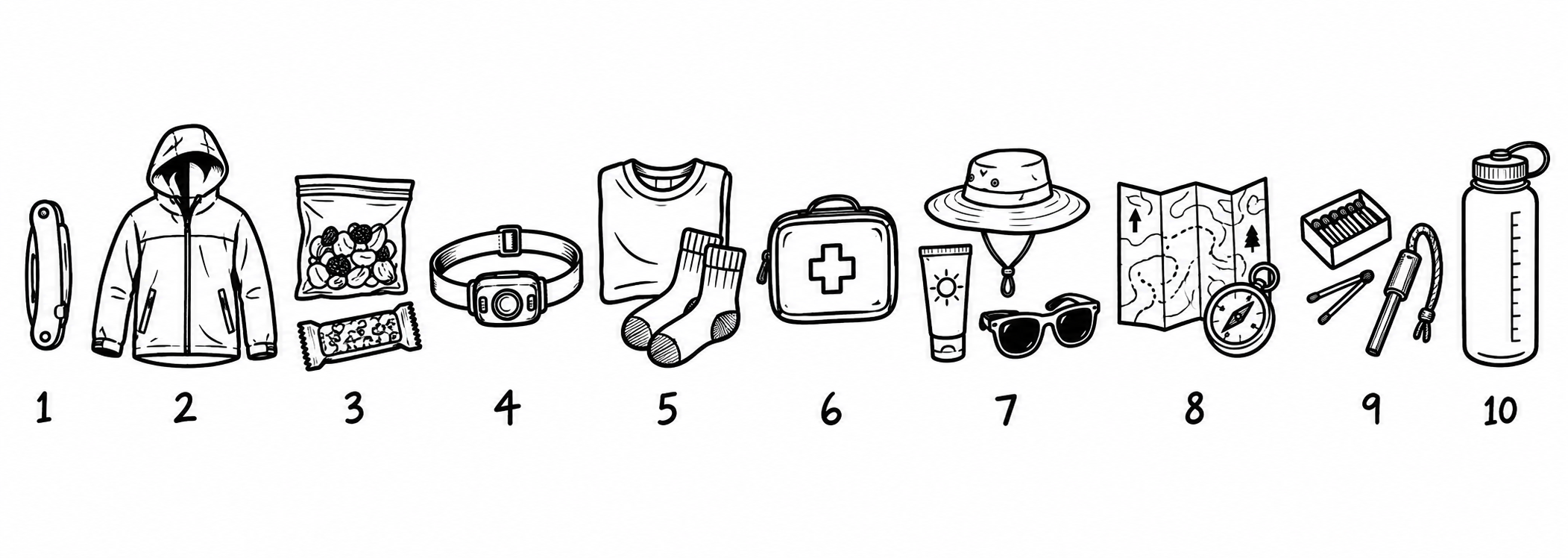 Marker flat-lay of the 10 Essentials in a row.