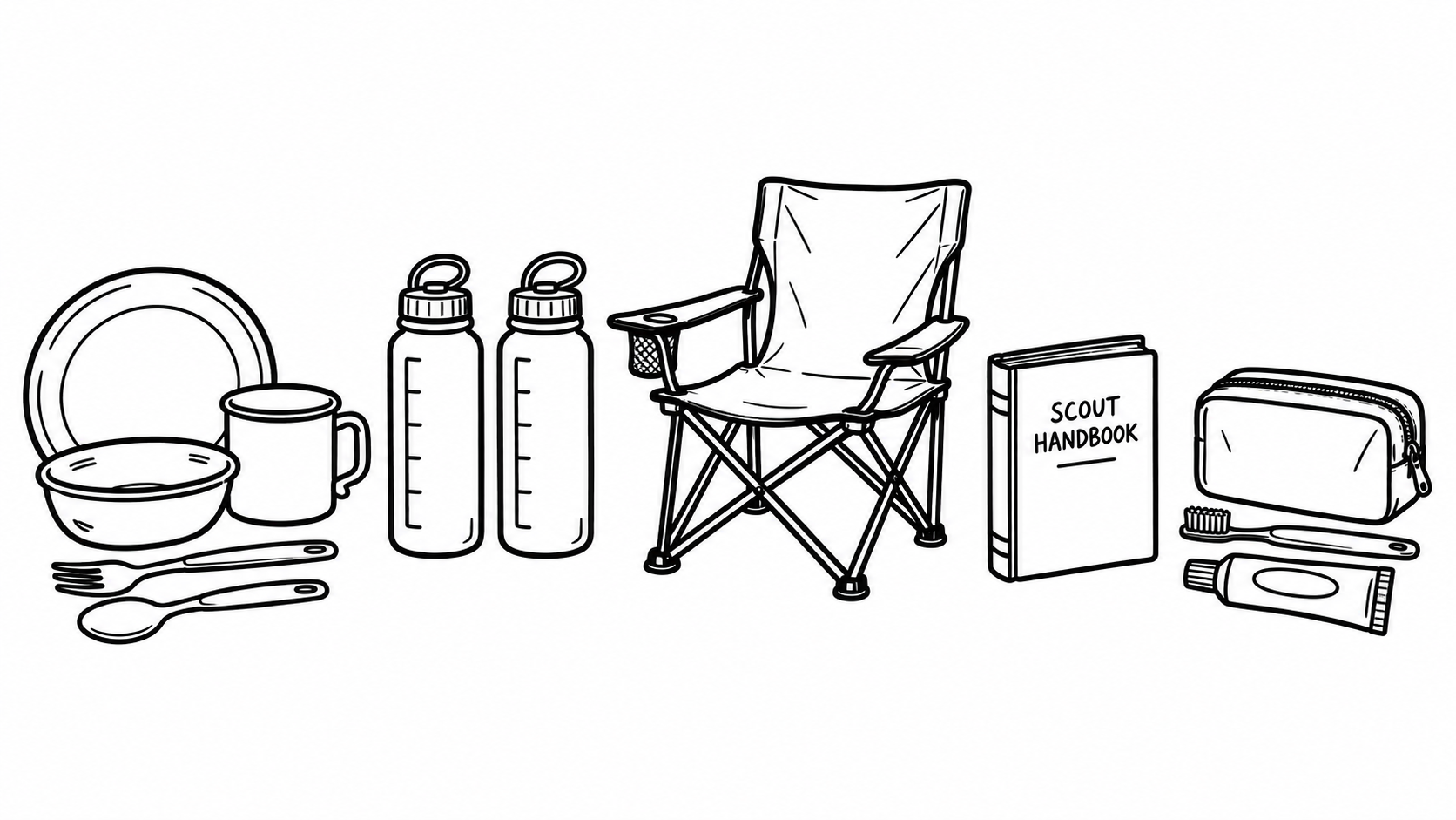 Marker flat-lay of mess kit, water bottles, camp chair, Handbook, and hygiene items.