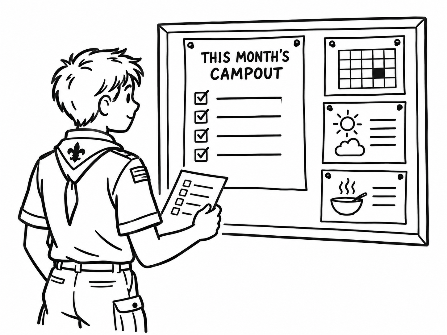Marker cartoon of a Scout checking the month's campout information.