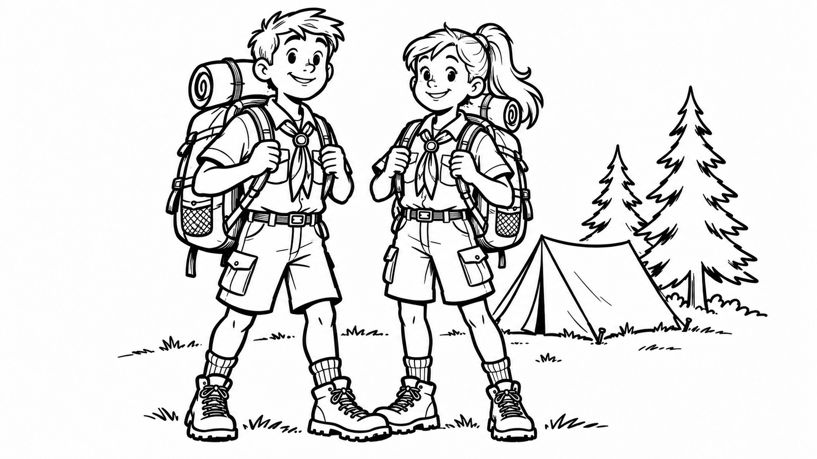 Marker cartoon of a Scout with a loaded backpack ready for a weekend campout.