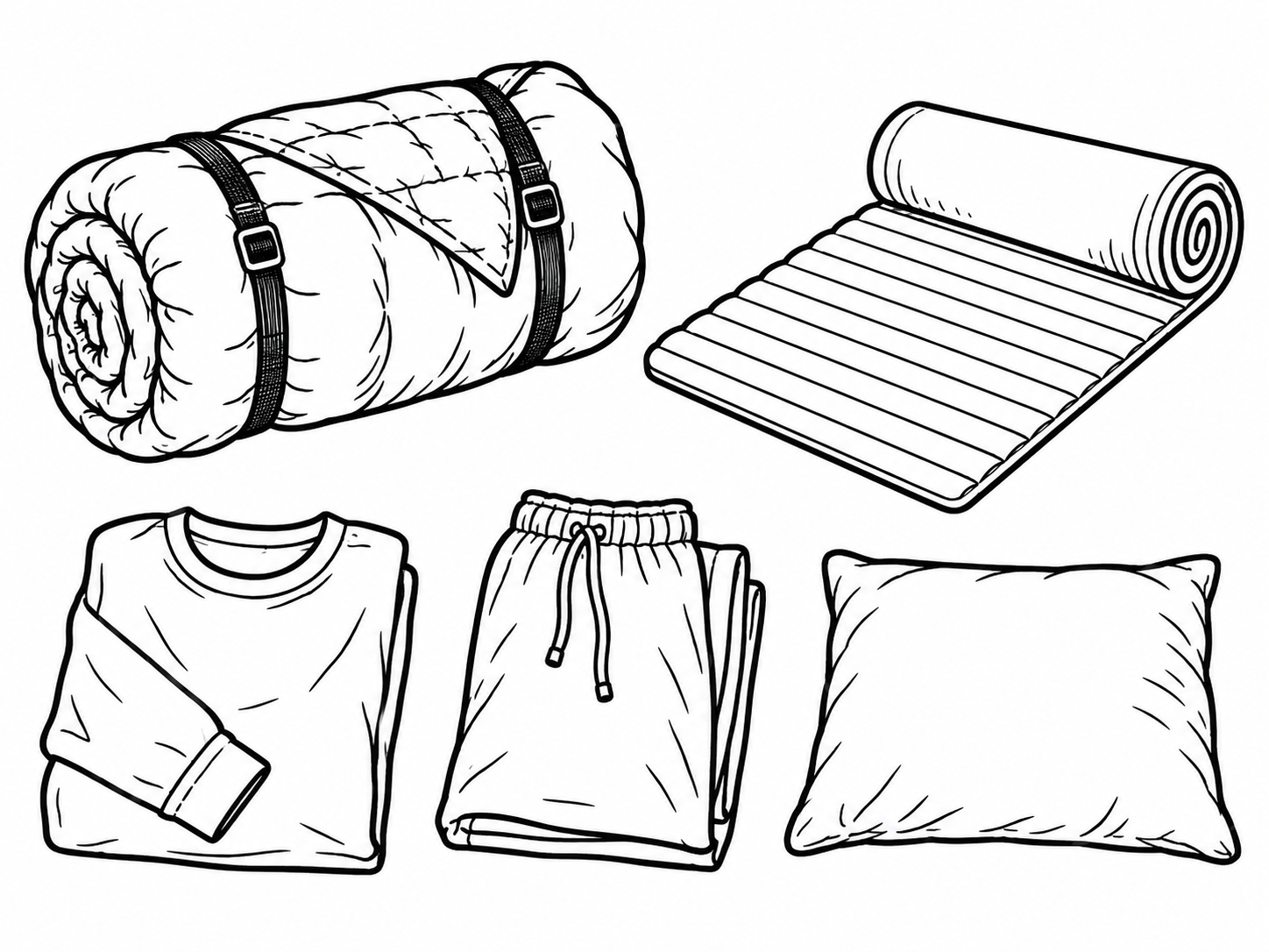 Marker cartoon of a sleeping bag, pad, sleep clothes, and pillow.