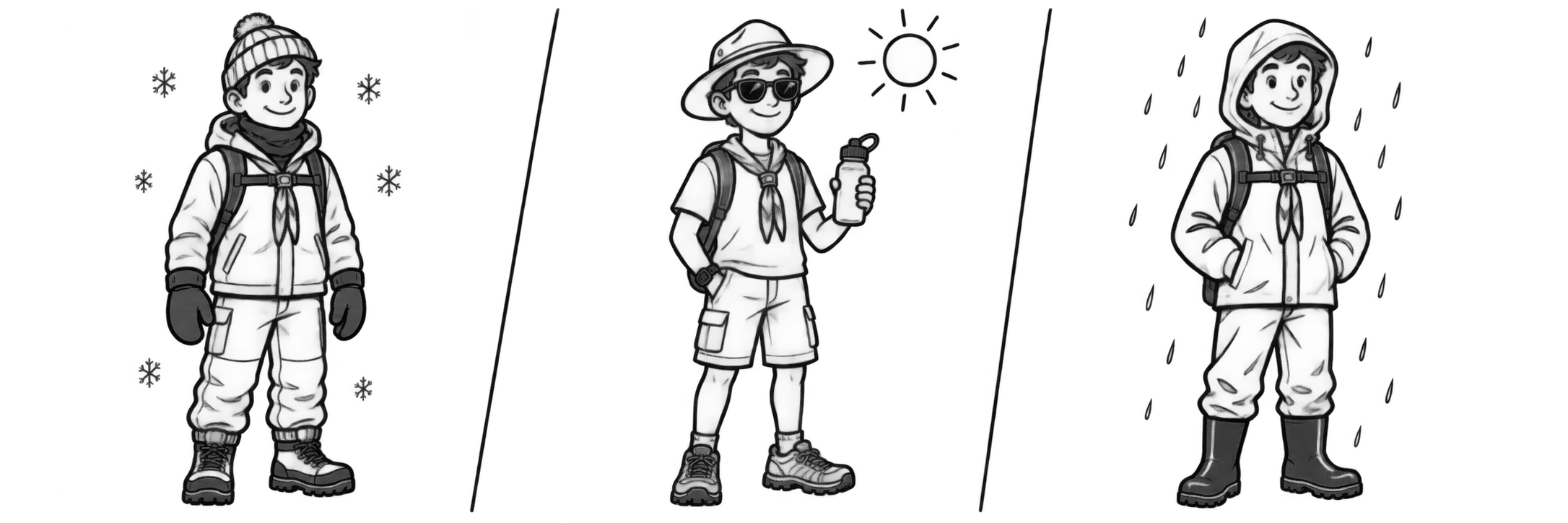 Three marker vignettes of a Scout dressed for cold, hot, and wet weather.