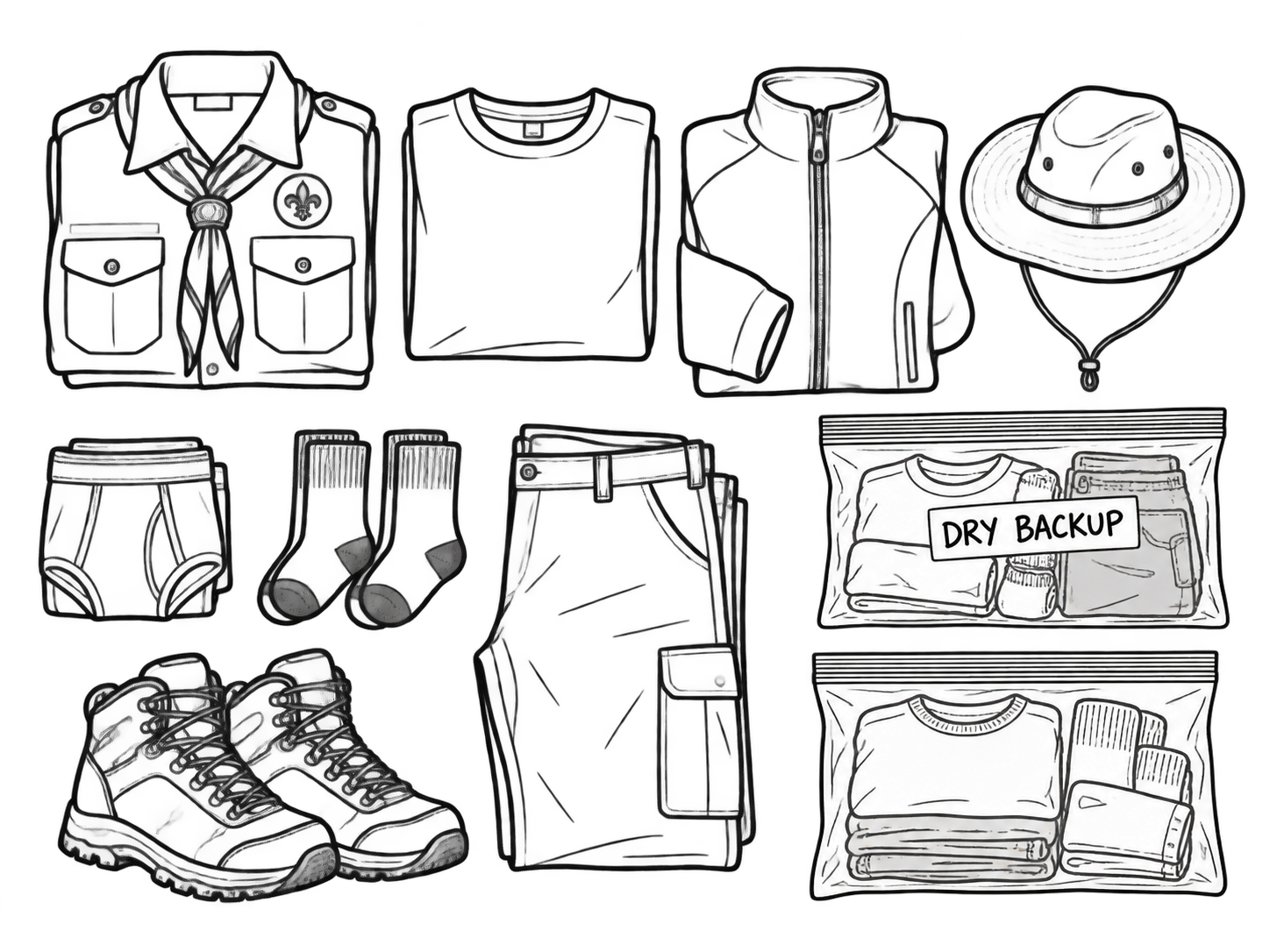 Marker cartoon of a weekend's folded clothing with dry bags and boots.