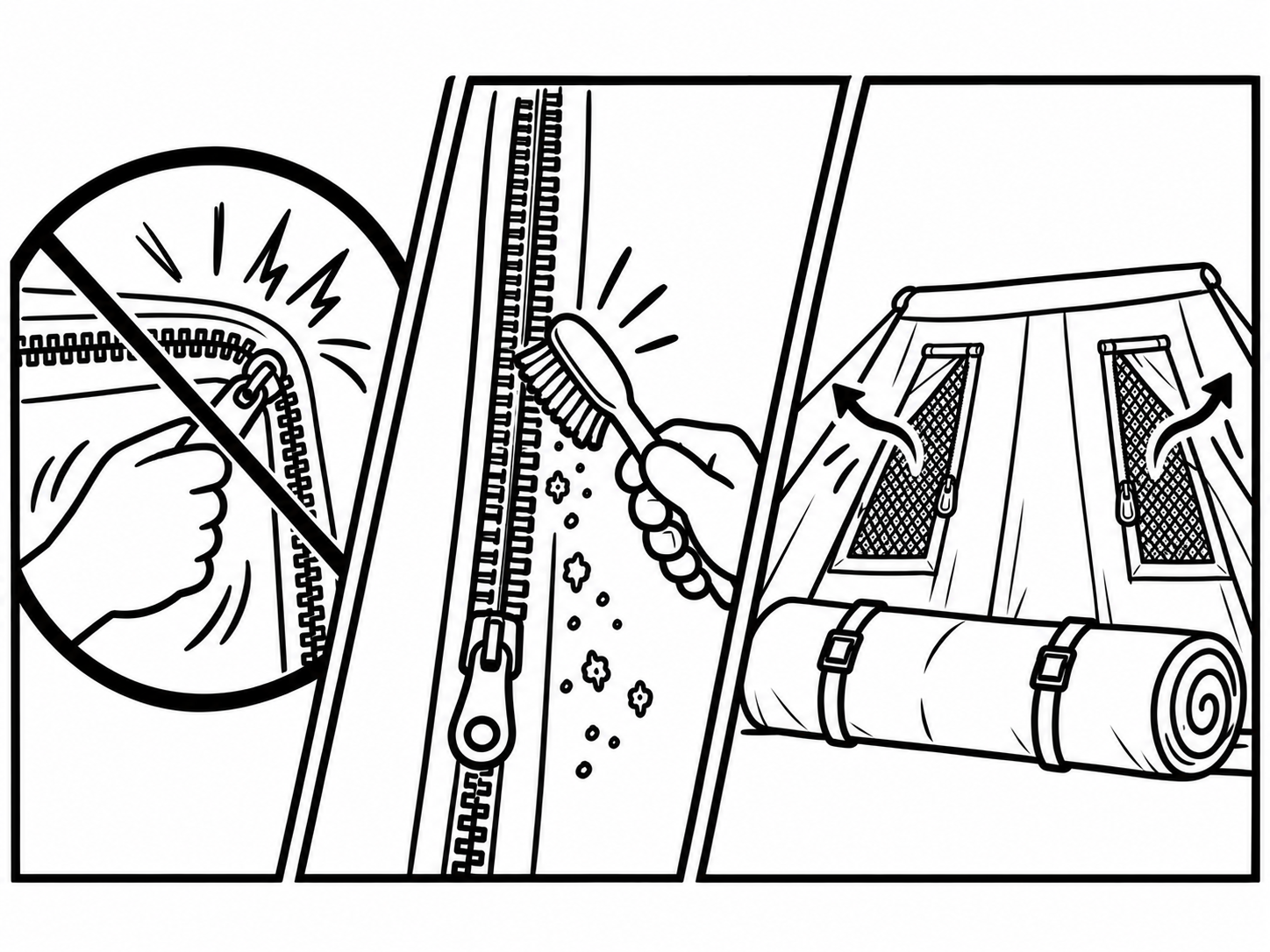 Three-panel marker cartoon: don't force the zipper, brush the zipper clean, and roll the tent with windows cracked for airflow.